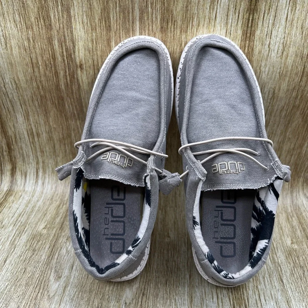 Hey Dude Wally Stretch Loafers Men's Size 12 Grey Palm Tree Print Casual Shoes